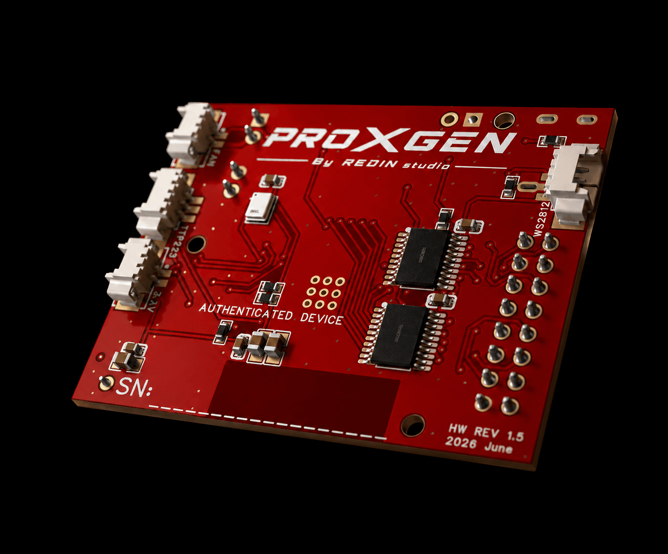 The red PROXGEN controller board, designed by REDIN Studio